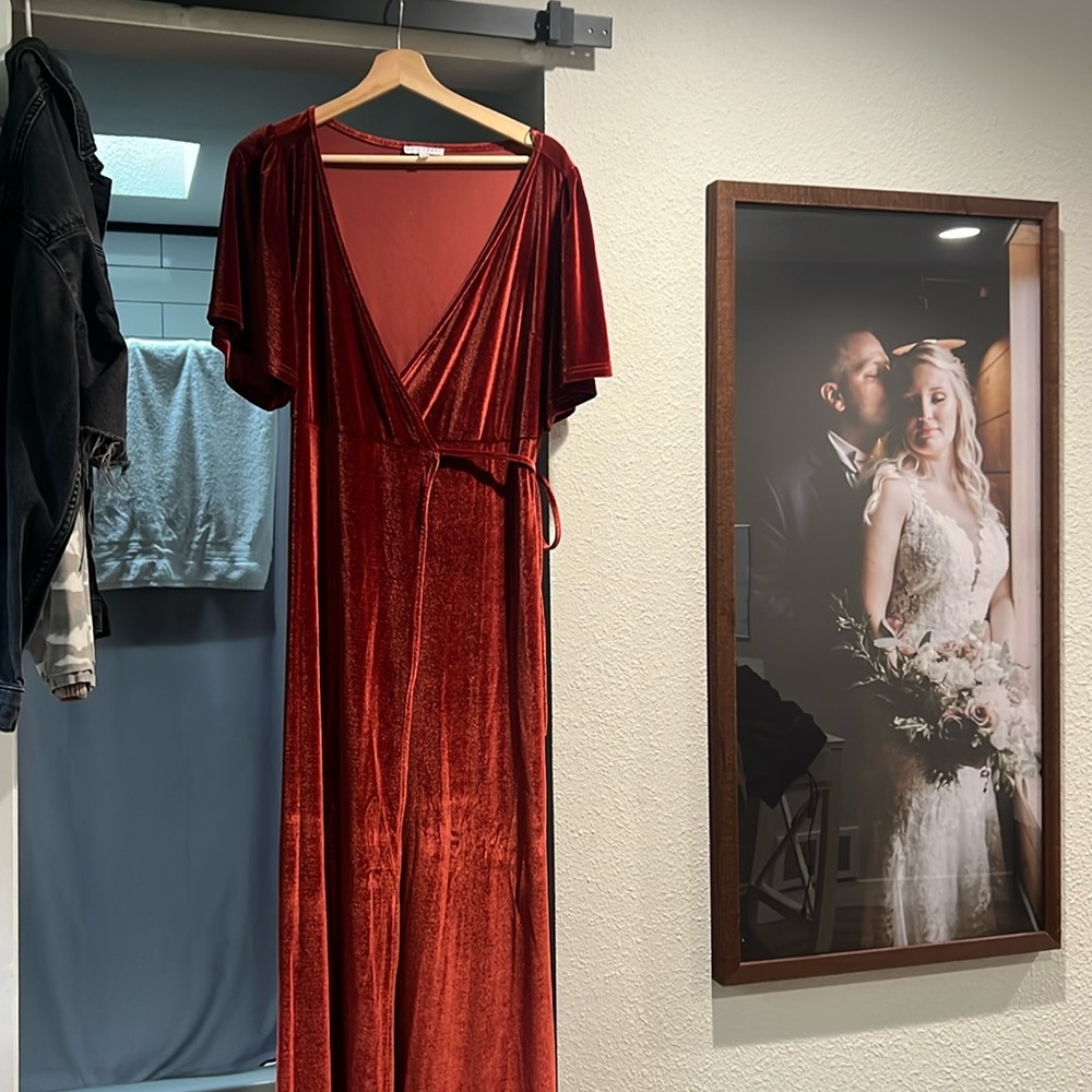 Terra-cotta velvet bridesmaid dress
